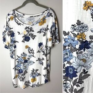 Loft Top Size Large Short Sleeves Floral Stretch White Blue Gold Gray Soft